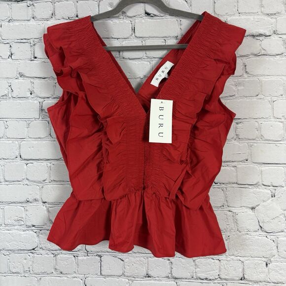 NWT BURU Red Deep V-Neck Peplum Tank Top Blouse Smocked Ruffle - Picture 1 of 10